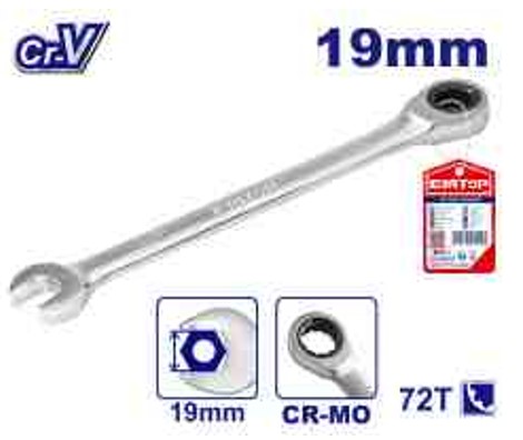 Professional 19mm Cr-V Ratchet Spanner 72T 12-point - 250mm Length Chrome Plated Matt Finish Quality Hand Tool Paper Card Packed Precision